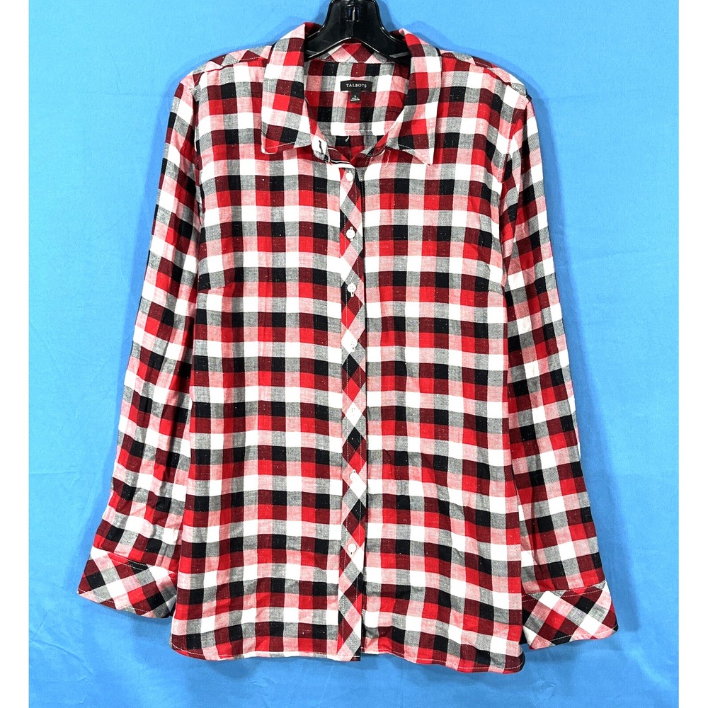 TALBOTS Red/Black/White METALLIC Buffalo Plaid Check TWILL BUTTON-UP Shirt Top L